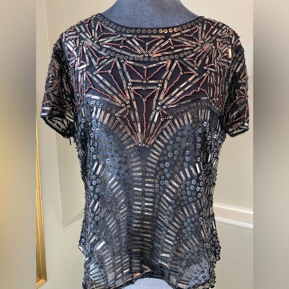 Carlisle Size 14 Metal Bead & Sequin Mesh Sheer Blouse in Black - Picture 1 of 12